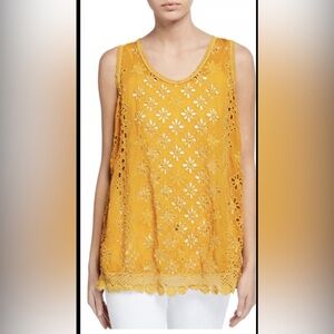 Johnny Was Carden Tank Persimmon Yellow Floral Eyelet Rayon Top Size S